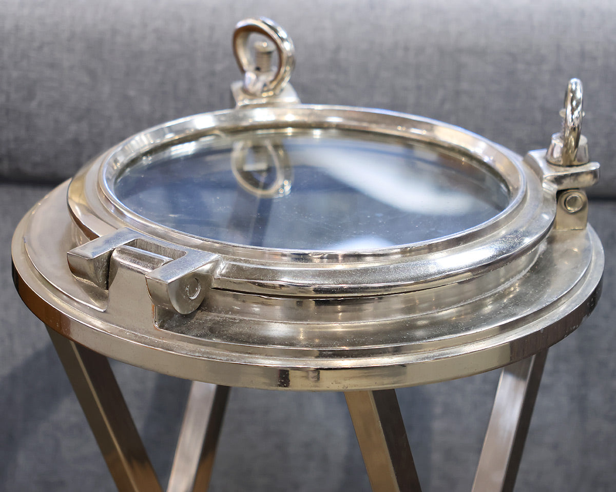 Ship Hatch Chrome Metal Side Table with Glass Top