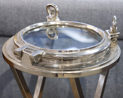 Ship Hatch Chrome Metal Side Table with Glass Top