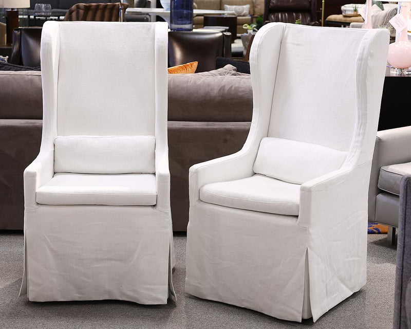 Pair of RH Dining Host Chairs Slipcovered in White Belgian Linen on Casters