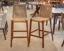 Pair of Gar Walnut Bar Stools with Woven Rope Seat & Back