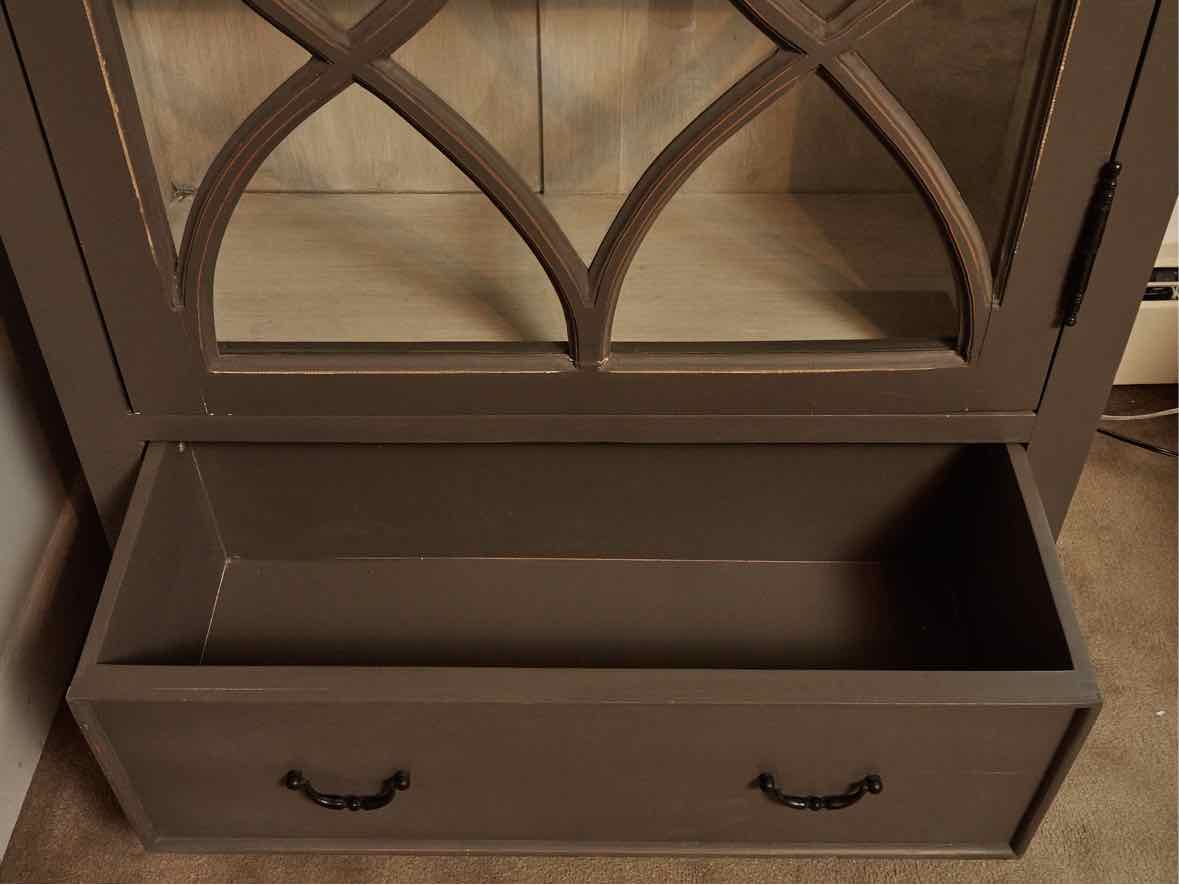 Colonial Grey Finish Glass Door & Drawer Display Cabinet