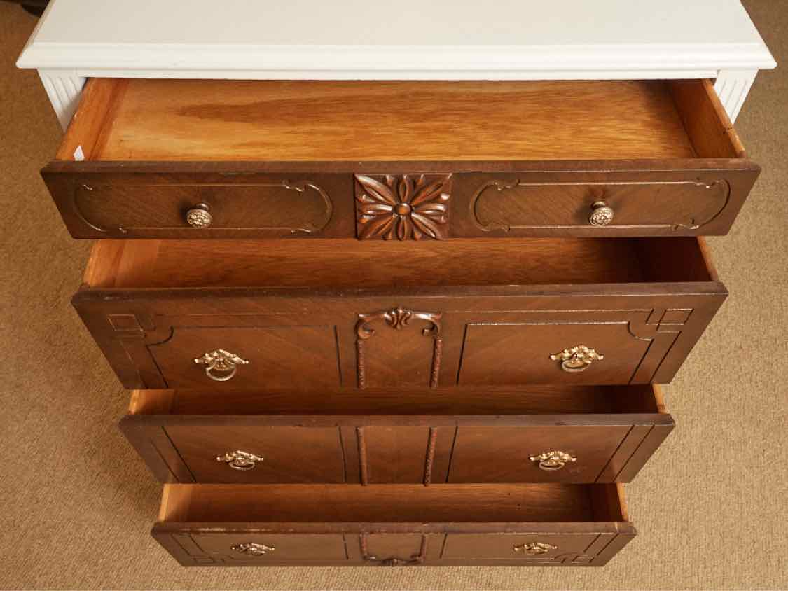 Walnut & Arctic White Finish 4 Drawer Chest with Carved Accents