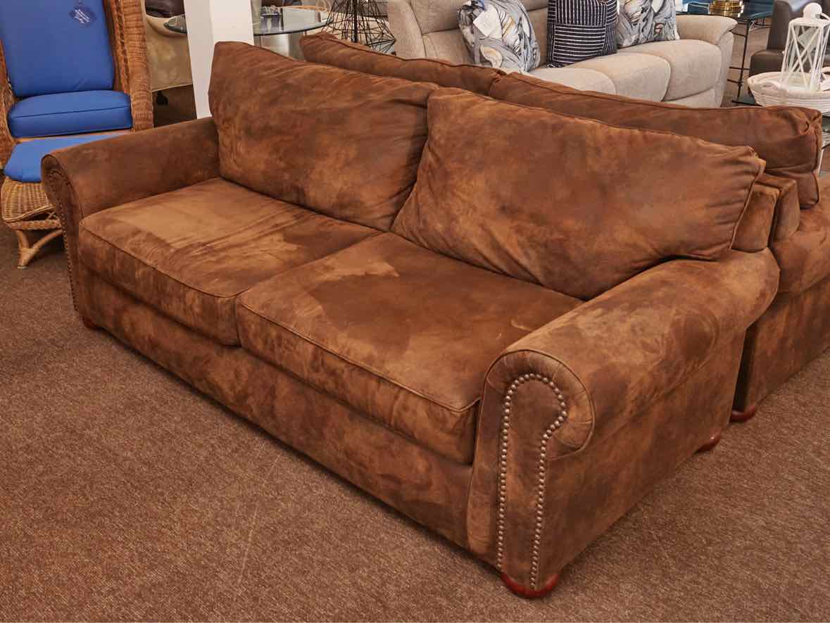 Klausner Micro Fiber Brown Suede 2 Cushion  Nailhead Trim Bun Feet Sofa