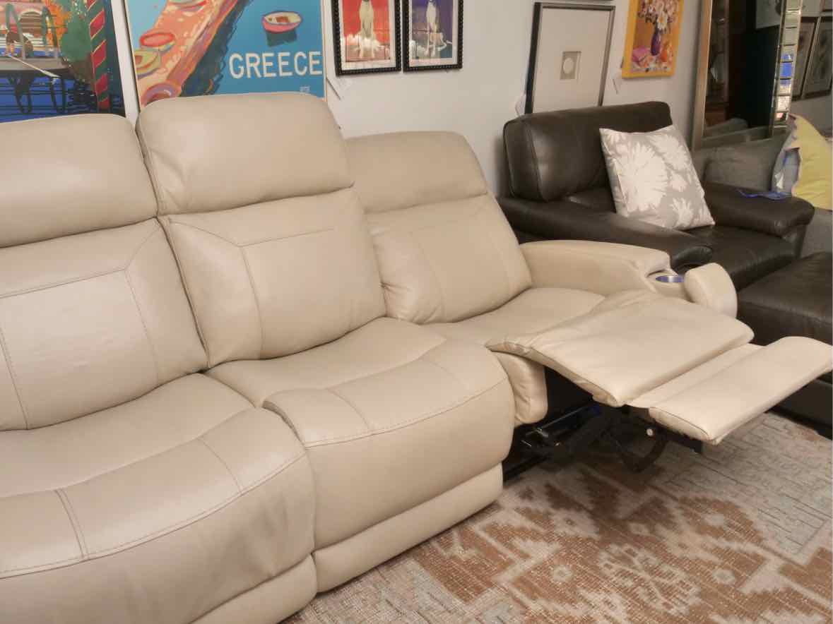 Motomotion Home Theater Ivory Leather Drop Down Console Power Recliner Sofa