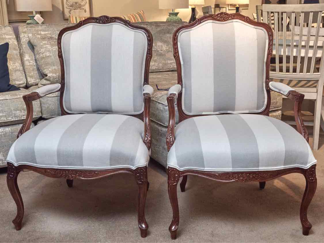 Pair Of Ballard Design French Inspired White & Gray Striped Arm Chairs