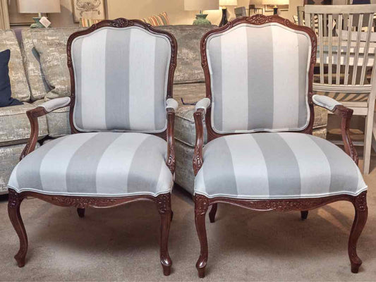 Ballard Design French Inspired White & Gray Striped Arm Chairs