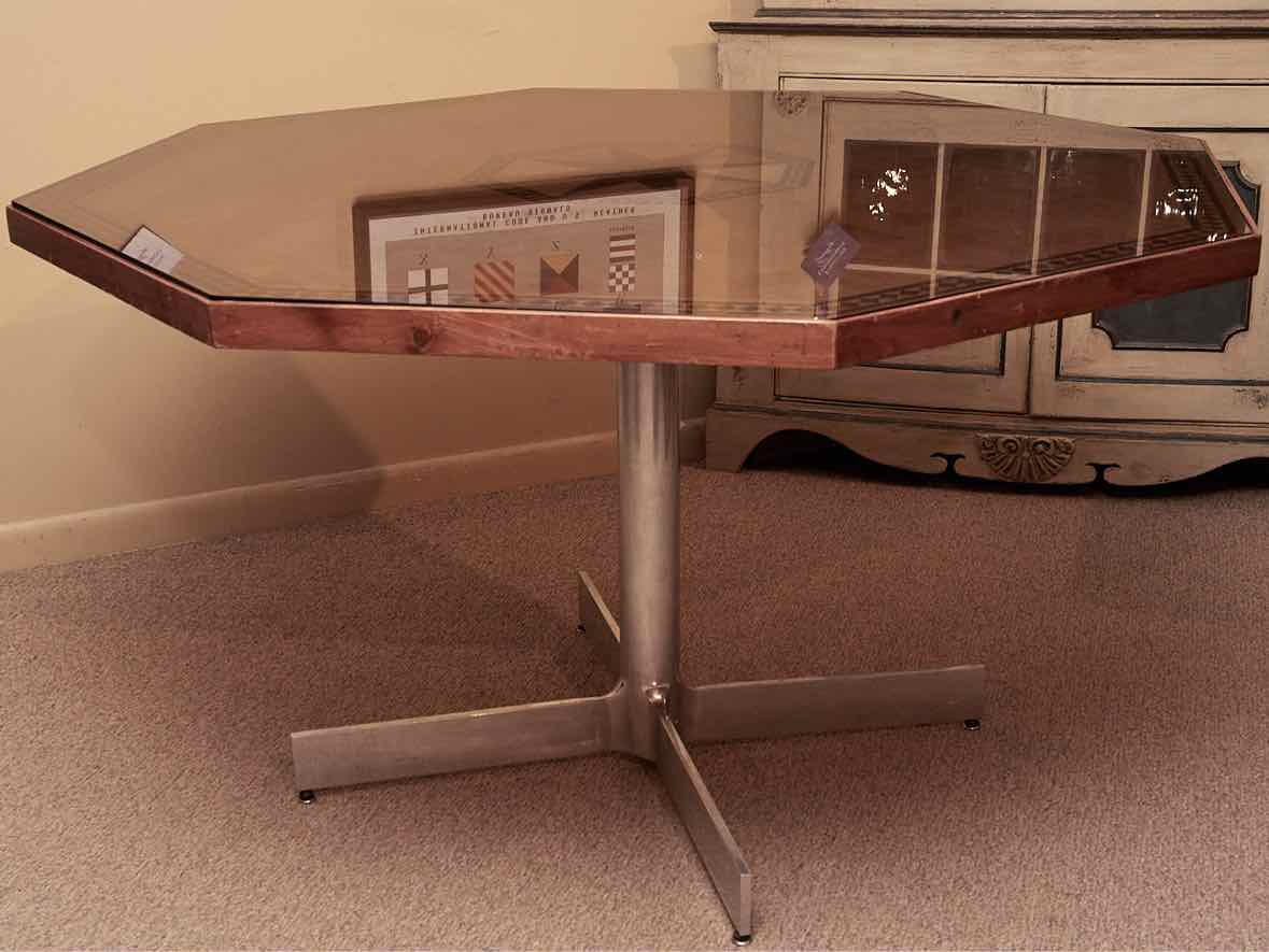 Peacan Inlaid Octagon Dining Table on Steel Pedestal Base