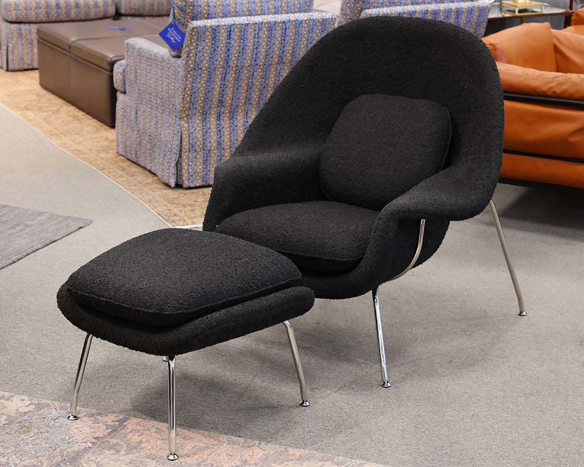 Rove Concepts "Womb Chair"/Ottoman in Black Terry Cloth Fabric. Chrome Hardware