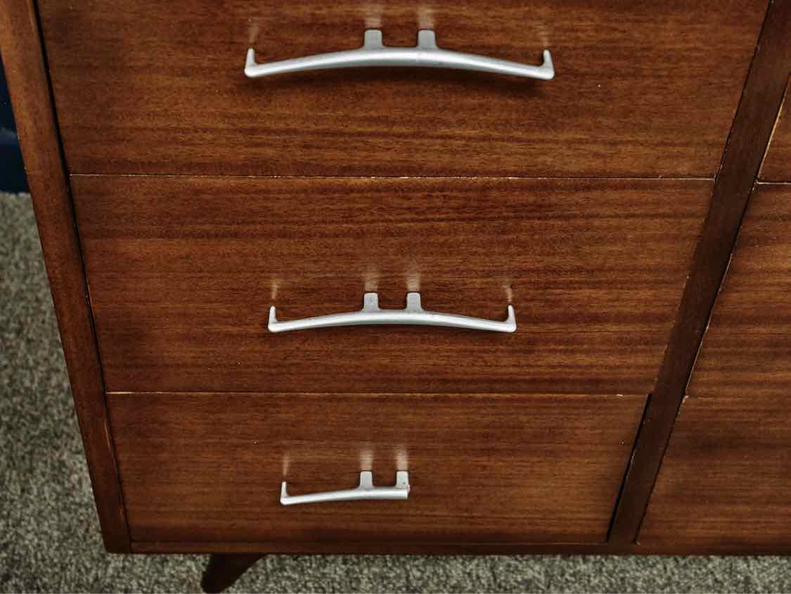 RWay MCM Walnut 10 Drawer Dresser with Silver Finish Hardware