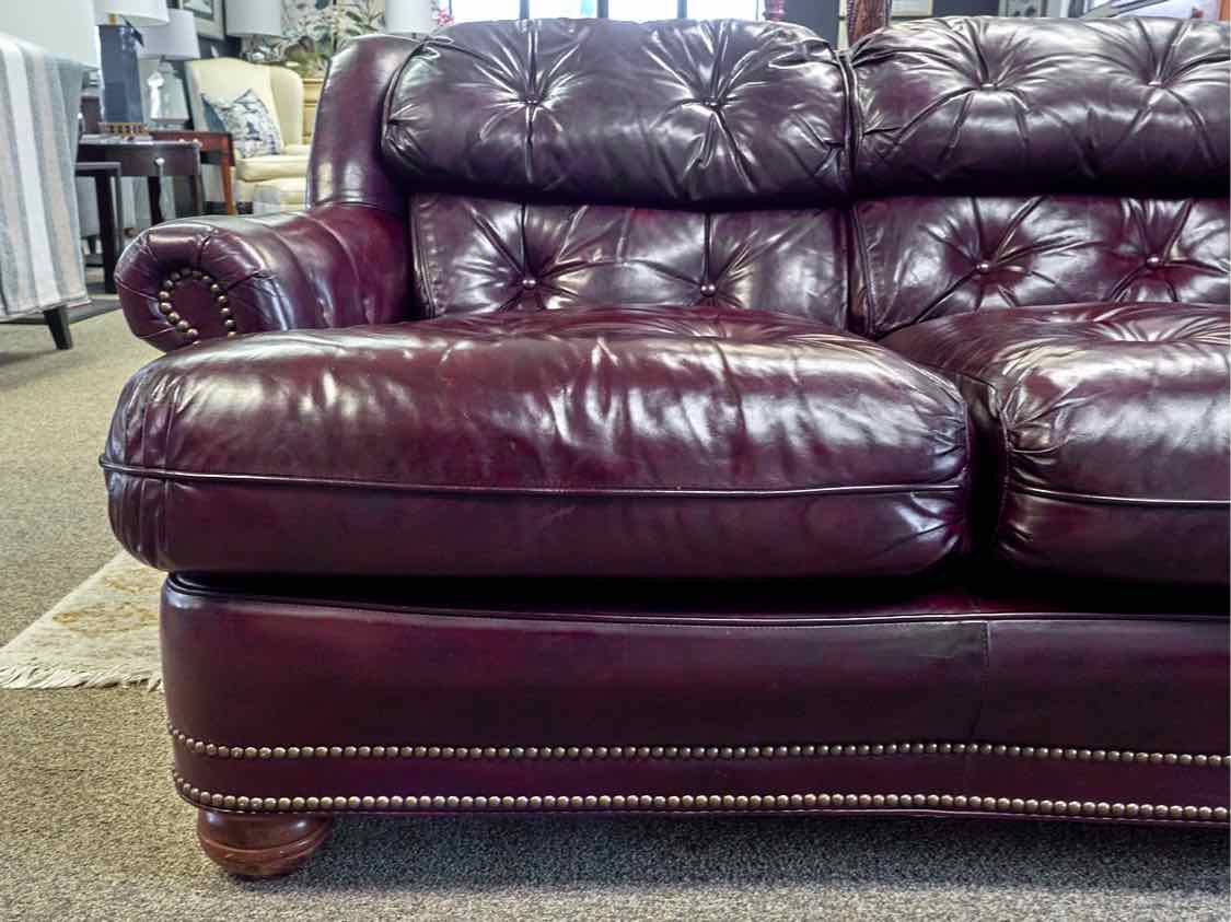 Distinction Oxblood Red Leather Tufted 3 Cushion Sofa with Nailhead Trim