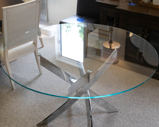 Round Contemporary Glass Top Dining Table on Angled Chrome Base