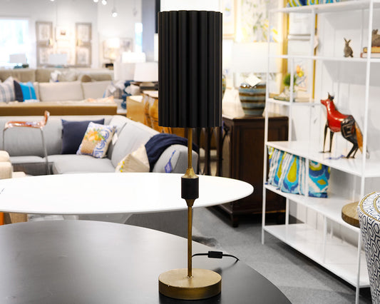 Buffet Lamp in Brushed Antique Gold with Fluted Black Shade