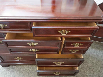 Bassett Cherry Double Dresser with 9 Drawers &  Brass Chippendale Pulls