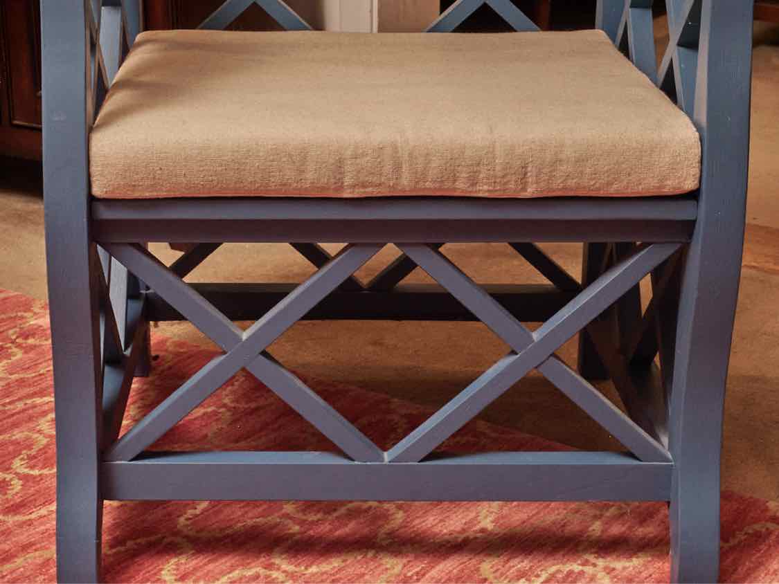 Pair Of Blue Finish Lattice Cushion Accent Chairs