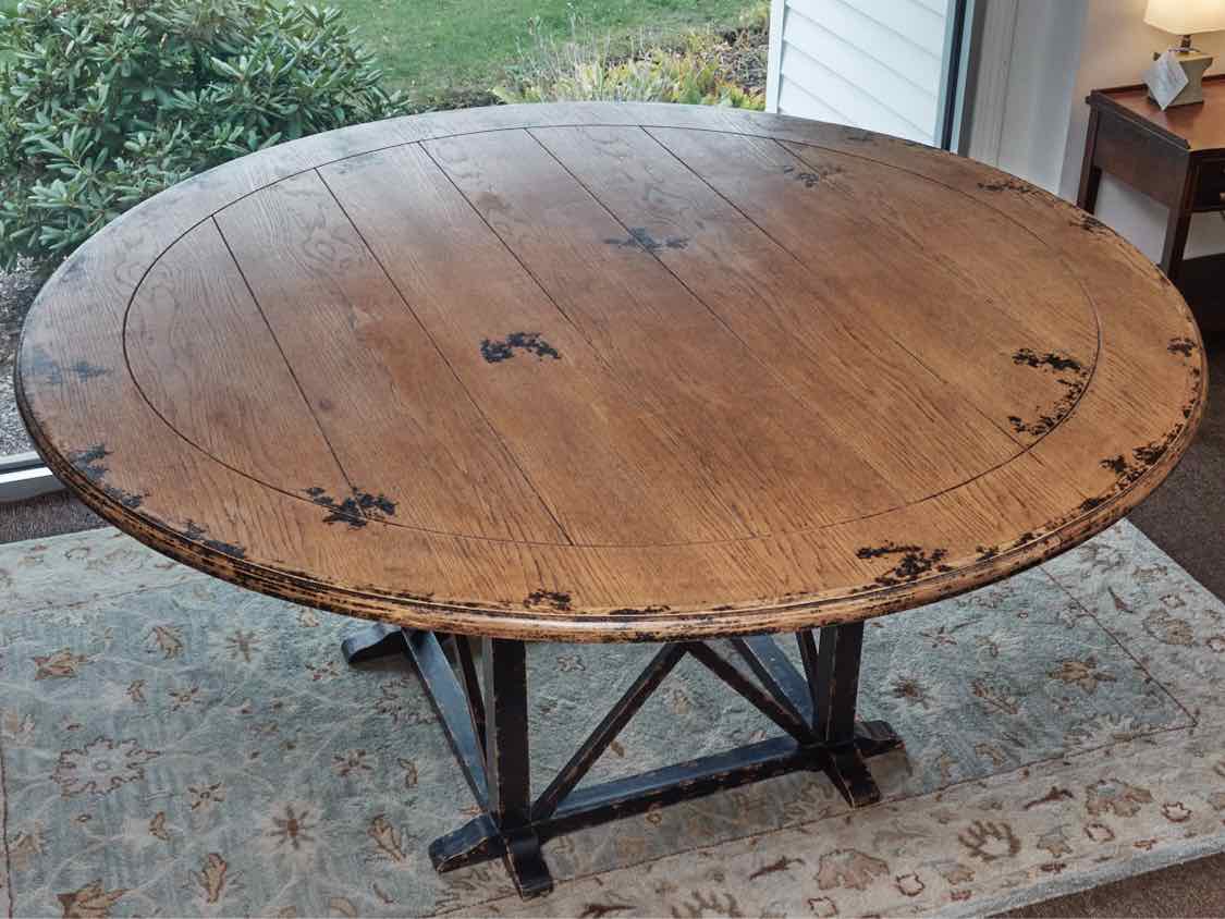 Distressed Finish Oak Round Black Finish Base Dining Table