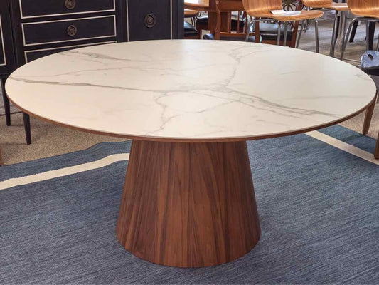 Round Walnut Finish Dining Table W/ Faux Marble Top