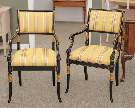 Pair of Regency Ebonized Arm Chairs with Gold Trim & Striped Yellow Silk