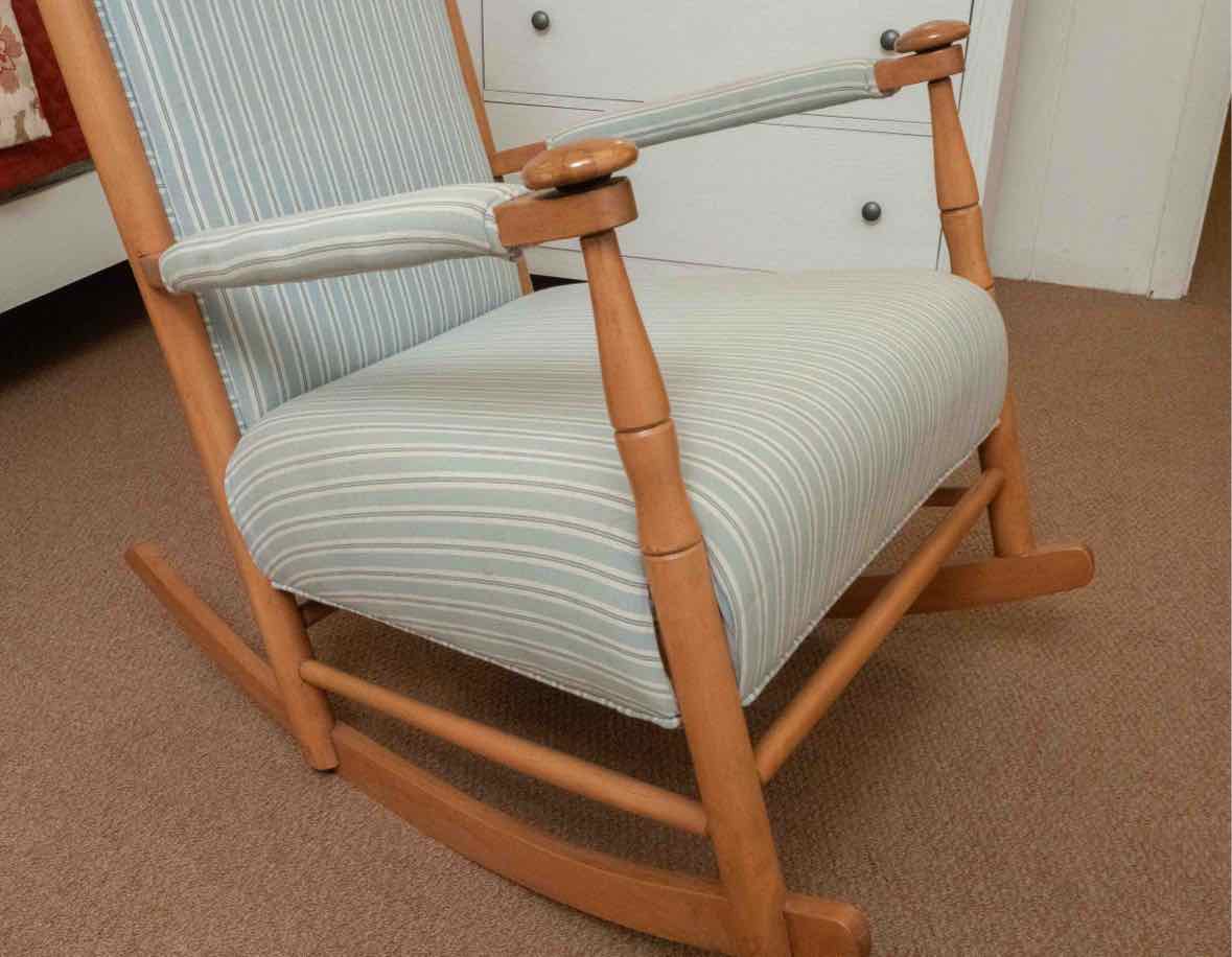 Blue Stripe Fabric Ash Stained  Nutmeg Finish Rocking Chair