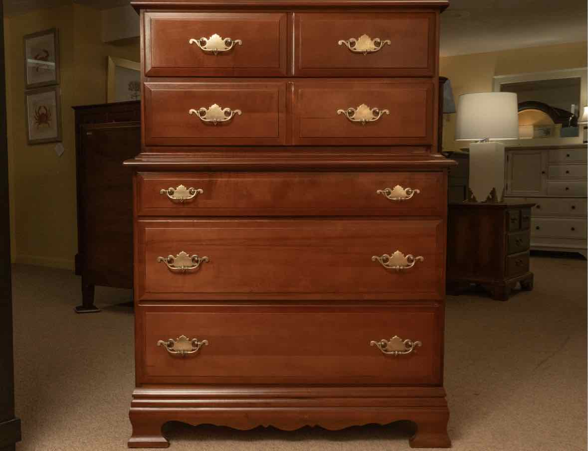 Cherry Finish Maple 2 Over 3 Drawer Chest on Chest