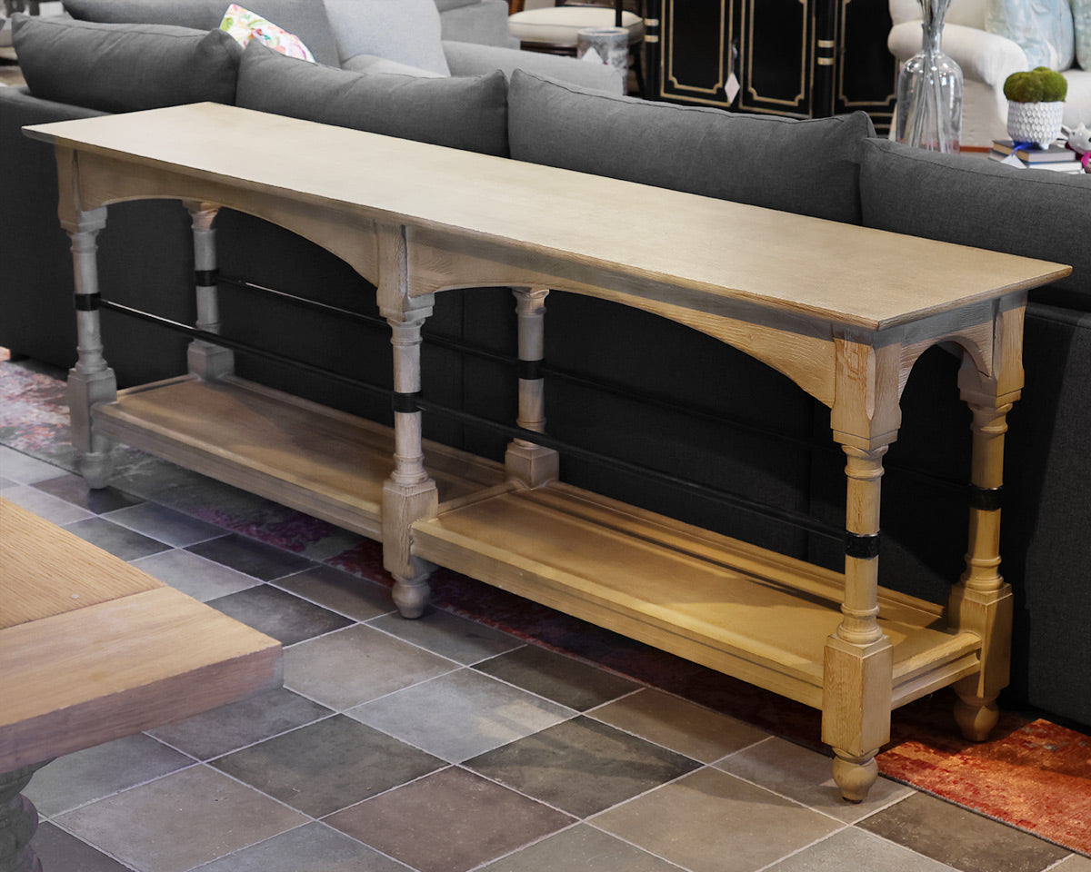 Custom Console Table in Rustic Ivory Finish with Iron Shelf Brace