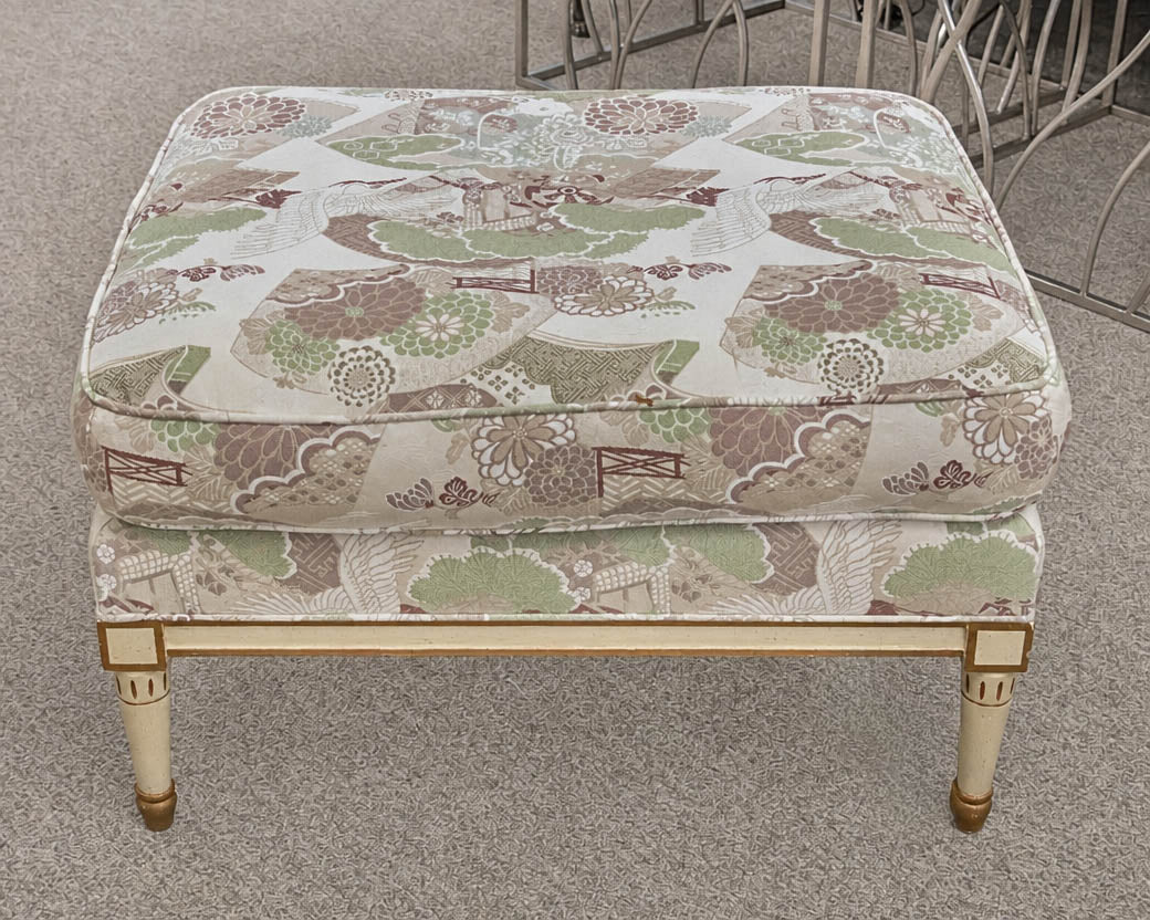 Baker Arm Chair & Ottoman Set Wood Framed with Green Brown and Cream Upholstery