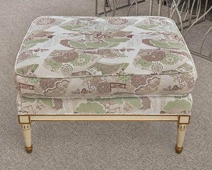 Baker Arm Chair & Ottoman Set Wood Framed with Green Brown and Cream Upholstery