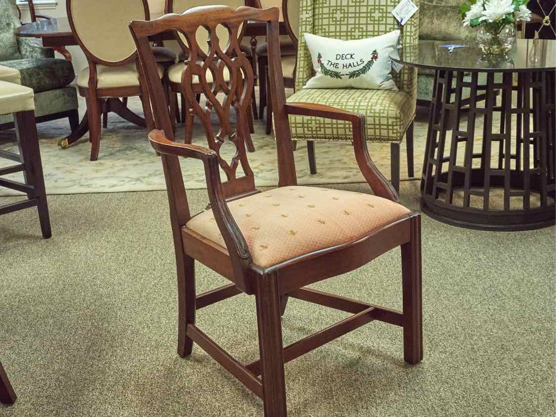 Set of 6 Chippendale Dining Chairs in Cherry with Pale Coral Bee Fabric Seats
