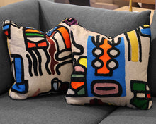 Pair of Linen Accent Pillows with Bright Tribal Wool Crewelwork