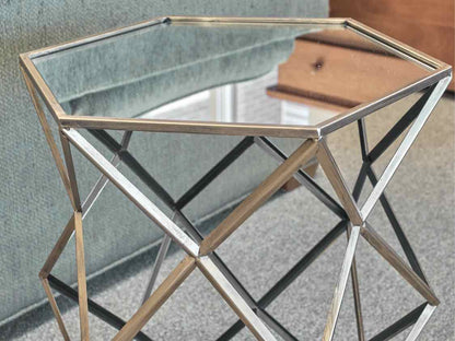 Hexagonal Gold Frame Accent Table with Mirrored Top