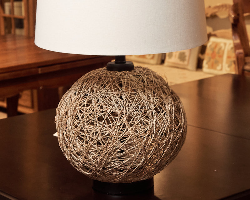 Woven Natural Rattan Ball Cap Linen Shade Table Lamp