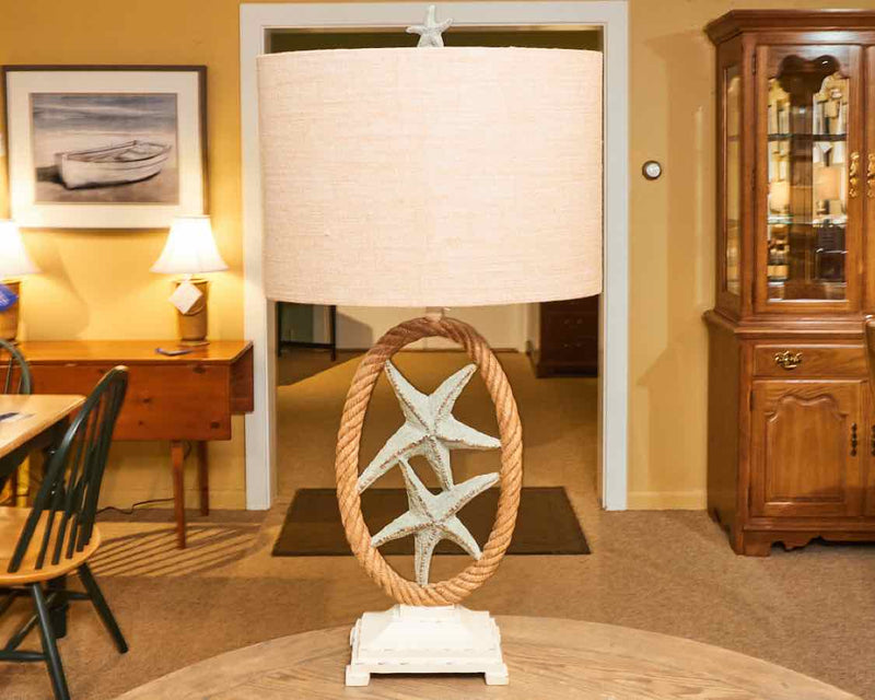 Sea Star Blue Coastal Rope & Starfish Moulded With Burlap Shade Table Lamp