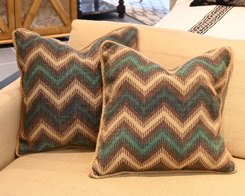 Pair of Custom Burlap Pillows in Flame Stitch Green/Brown/Tan