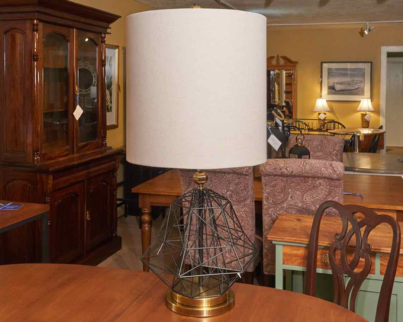 Stain Black Steel Table Lamp With Gold Accents & Linen Drum Shade