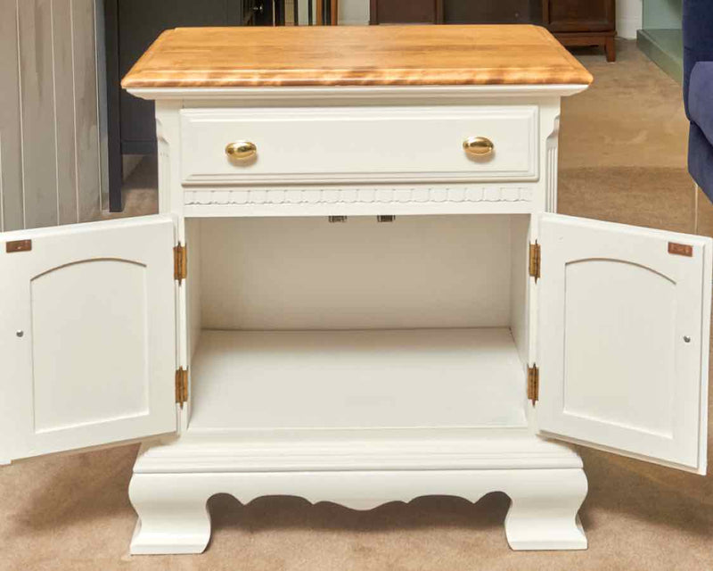 Ethan Allen Natural Cherry Top White Finish 1 Drawer2 Door  Side Table