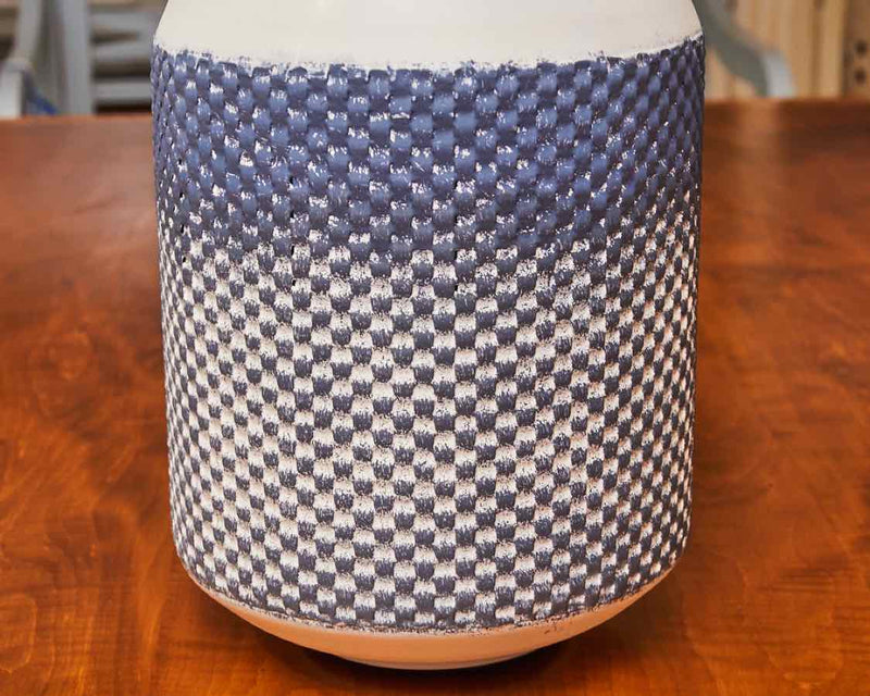 White & Blue Distressed Checkered Metal Vase