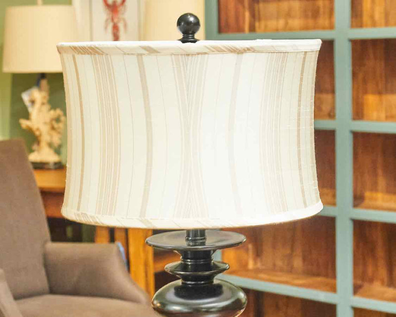 Pottery Barn  Black Metal Table Lamp with Stripe Ivory Silk Shade