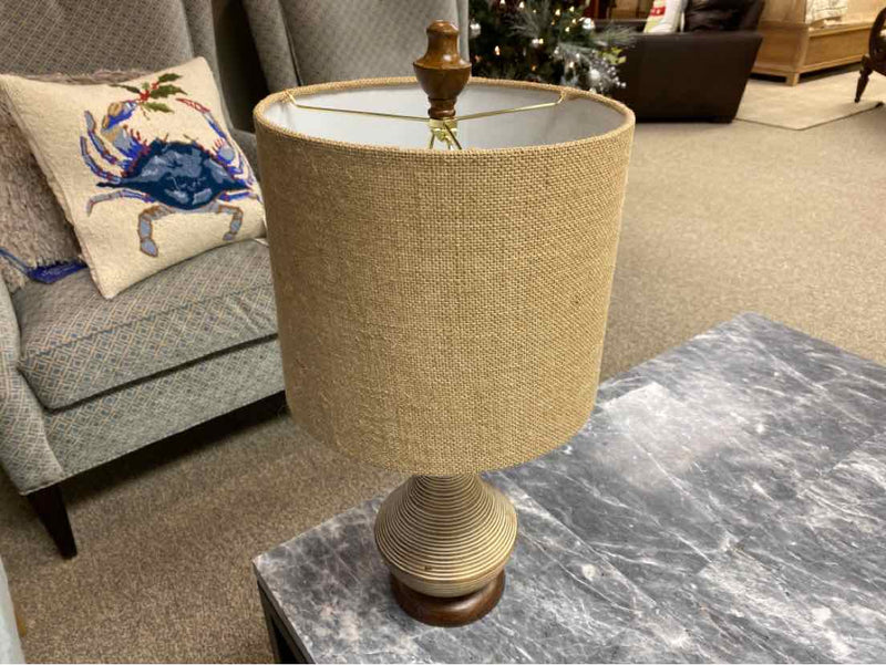 Biscuit Beige Resin Moulded Table Lamp with Burlap Drum Shade