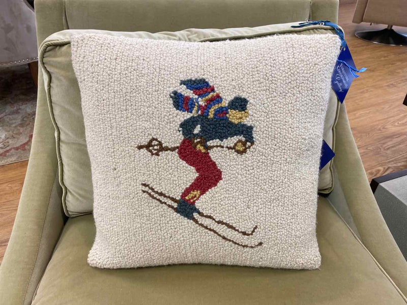Hooked Wool Skier Accent Pillow
