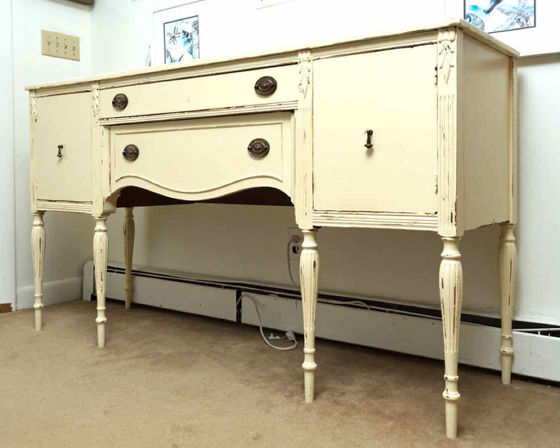 Distressed Ivory Finish 2 Drawer 2 Door Turned Legs Sideboard