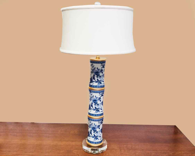 Blue & White Porcelain Bamboo Table Lamp with Off-White Drum Shade