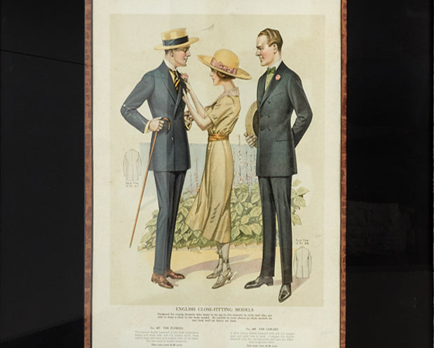 Wall Decor:  English Clothes Fitting Model Advertising in Burled Wood Frame