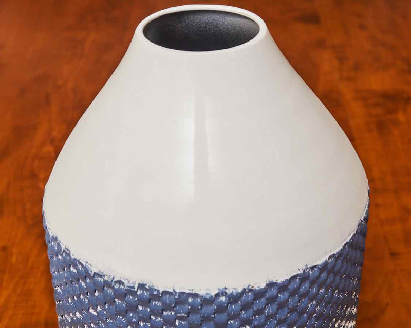 White & Blue Distressed Checkered Metal Vase