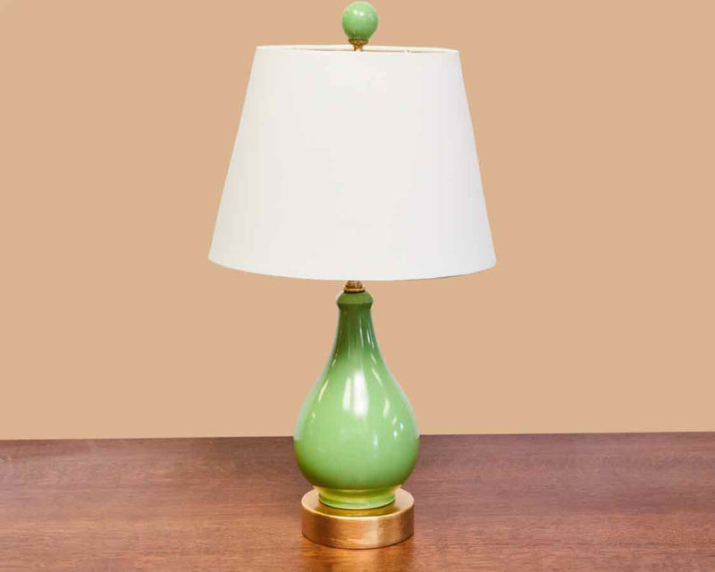 Apple Green Vase Table Lamp on Gold Base with Oval Off-White Shade