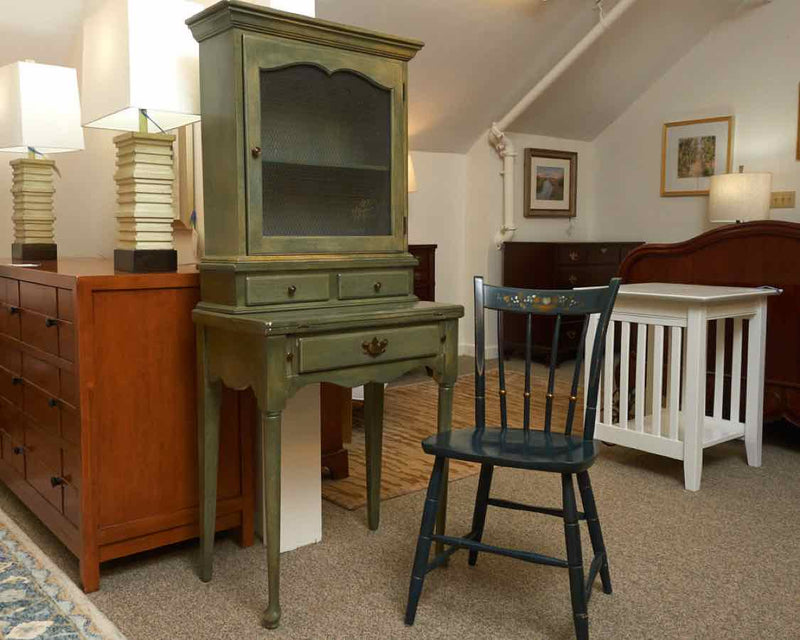 Cushman Colonial French Writing Desk with Small Wire Door Hutch & Chair