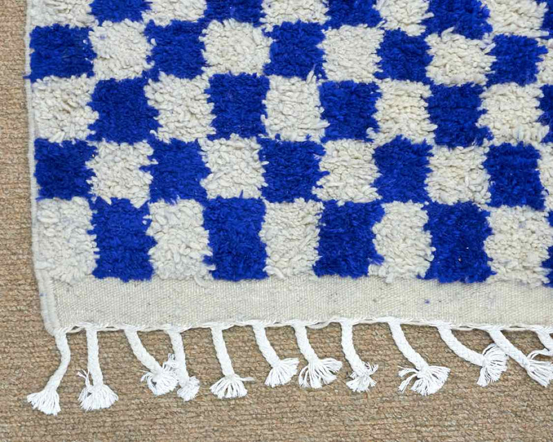 Blue Checkered  Hand Woven Wool Runner Made in Morocco
