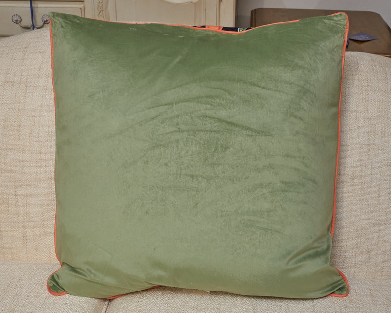 Navy Linen & Green Velvet Accent Pillow with Bright Floral