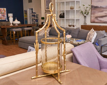 Hurricane Lantern in Gold Bamboo Stand