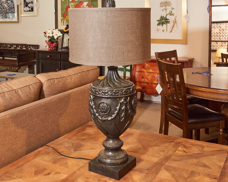 Wooden Carved Urn Shape With Brown Burlap Shade Table Lamp