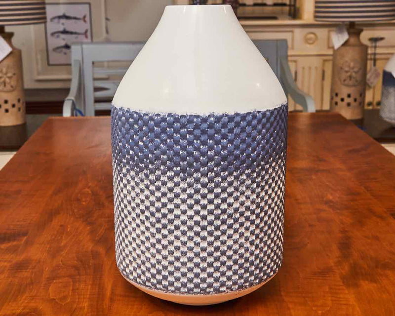 White & Blue Distressed Checkered Metal Vase