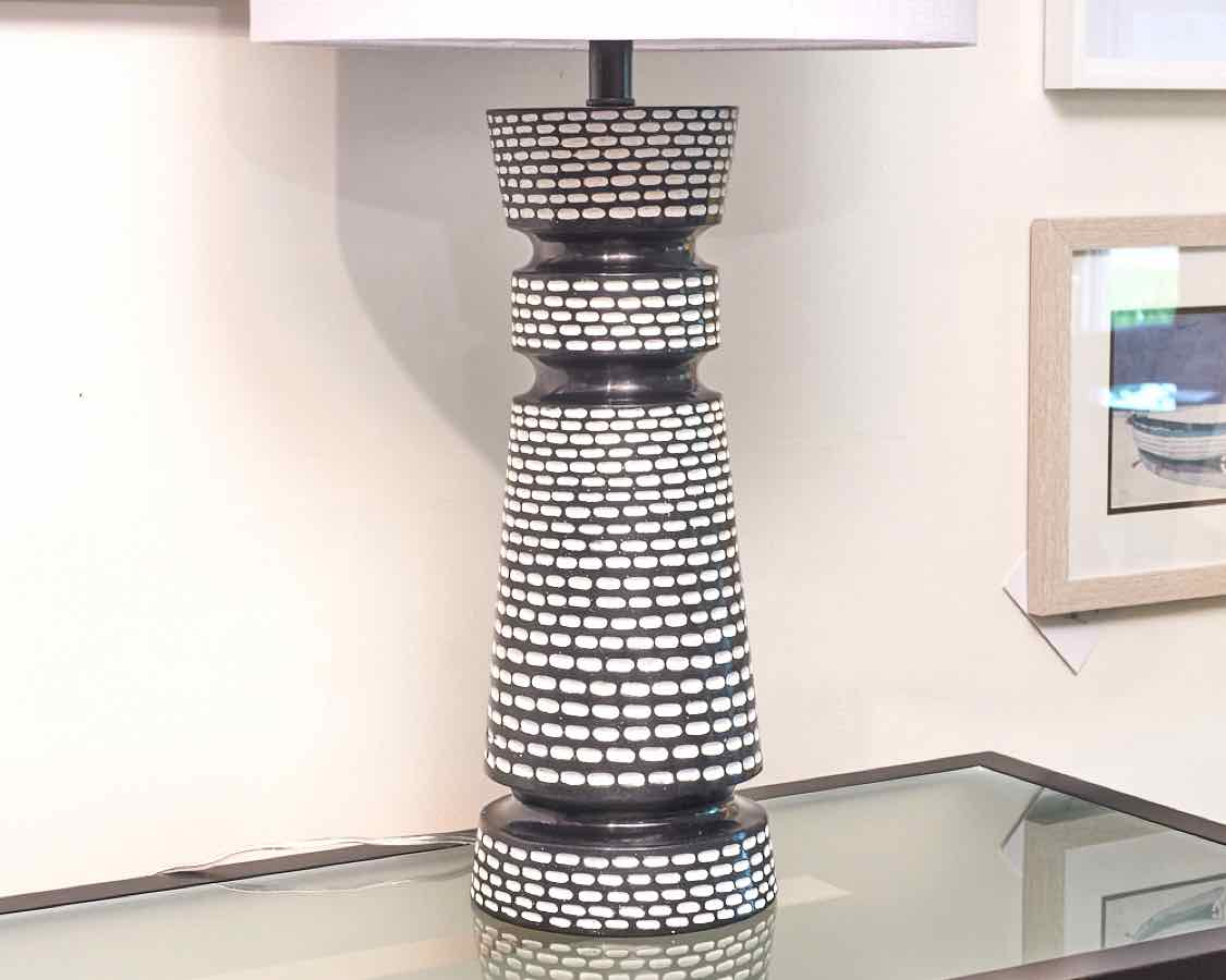 Urban Ebony Transitional Table Lamp With White Linen Shade